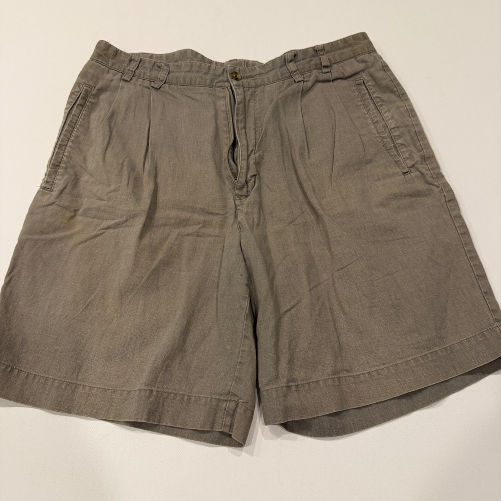 James McLeith Mens Pleated Linen Cotton Blend Shorts Taupe Grey Size 34